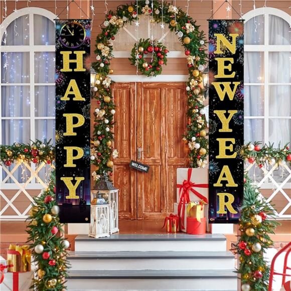 Happy New Year Door Banner Porch Signs Welcome Banner for Home Holiday Winter - Picture 2 of 8